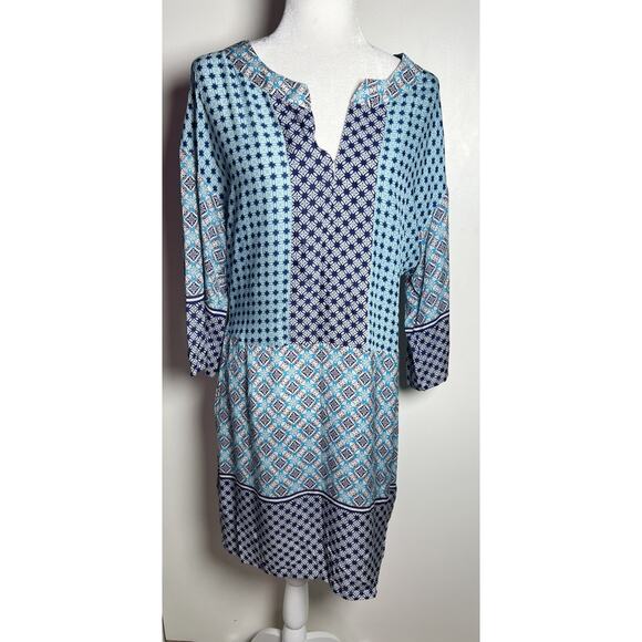 Tommy Bahama Blue 3/4 Sleeve Geometric Print Lightweight Casual Dress Size Large - Picture 1 of 10